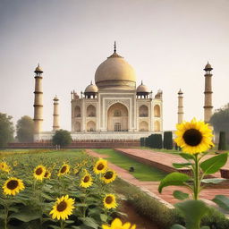 The Taj Mahal bathed in the soft light of morning, surrounded by a flourishing sunflower garden.