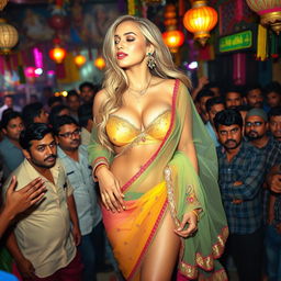 A busty, beautiful fitness blonde woman wearing a colorful transparent saree and a strapless blouse that accentuates her big cleavage and sexy navel