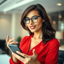 A close-up shot of a gorgeous brunette woman in an office setting, wearing stylish glasses and a red blouse that accentuates her large chest and features a hint of cleavage