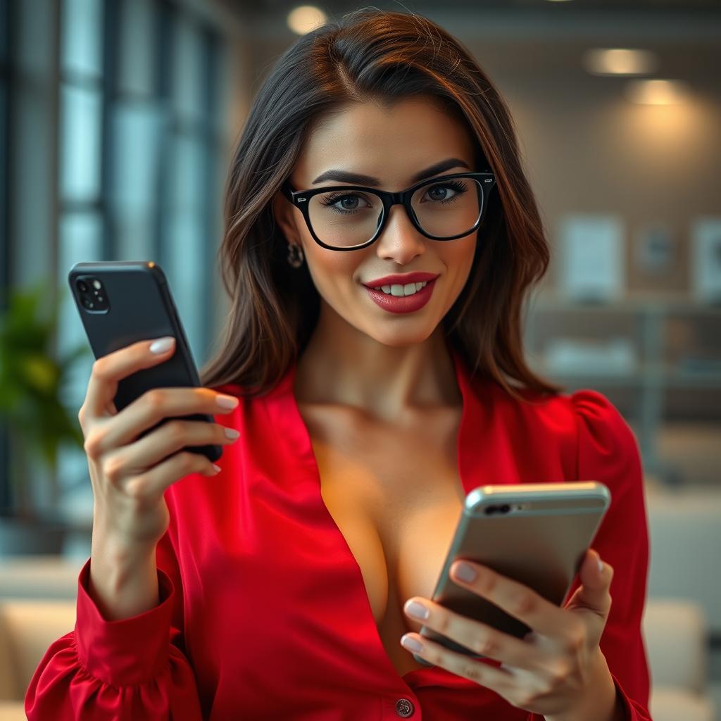 A close-up shot of a gorgeous brunette woman in an office setting, wearing stylish glasses and a red blouse that accentuates her large chest and features a hint of cleavage