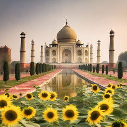 The Taj Mahal bathed in the soft light of morning, surrounded by a flourishing sunflower garden.