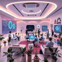 A futuristic and imaginative workspace inside a 'Dream Studio' dedicated to AI development