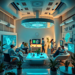 A futuristic and imaginative workspace inside a 'Dream Studio' dedicated to AI development