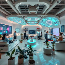 A futuristic and imaginative workspace inside a 'Dream Studio' dedicated to AI development