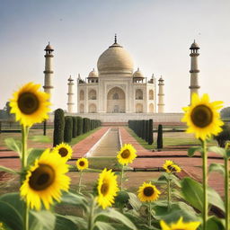 The Taj Mahal bathed in the soft light of morning, surrounded by a flourishing sunflower garden.