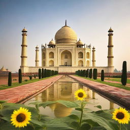 The Taj Mahal bathed in the soft light of morning, surrounded by a flourishing sunflower garden.