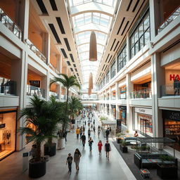 A spacious and modern mall interior filled with natural light streaming through large skylights