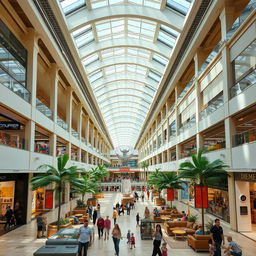 A spacious and modern mall interior filled with natural light streaming through large skylights