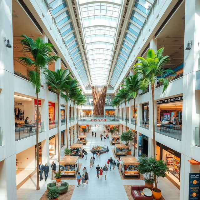 A spacious and modern mall interior filled with natural light streaming through large skylights