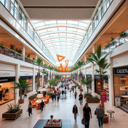 A spacious and modern mall interior filled with natural light streaming through large skylights