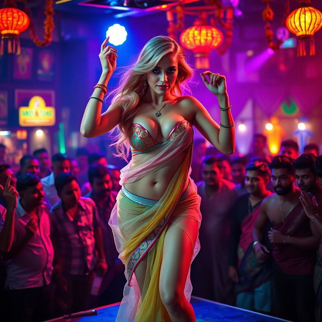 A busty, beautiful fitness blonde woman dancing on stage, wearing a colorful transparent saree and a strapless blouse that showcases her big cleavage, sexy navel, and toned legs