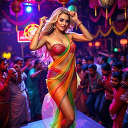 A busty, beautiful fitness blonde woman dancing on stage, wearing a colorful transparent saree and a strapless blouse that showcases her big cleavage, sexy navel, and toned legs