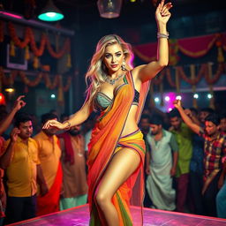 A busty, beautiful fitness blonde woman dancing on stage, wearing a colorful transparent saree and a strapless blouse that showcases her big cleavage, sexy navel, and toned legs