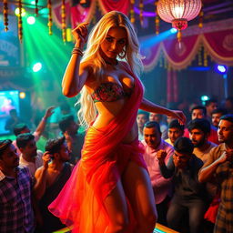 A busty, beautiful fitness blonde woman dancing on stage, wearing a colorful transparent saree and a strapless blouse that showcases her big cleavage, sexy navel, and toned legs