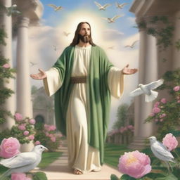 A majestic image of Jesus Christ blessing a church from the sky, with birds circling above