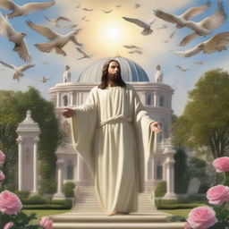 A majestic image of Jesus Christ blessing a church from the sky, with birds circling above