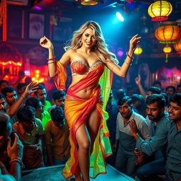 A busty, beautiful fitness blonde woman dancing confidently on stage, adorned in a colorful transparent saree and a strapless blouse that accentuates her big cleavage, sexy navel, and toned legs