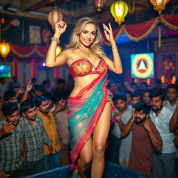 A busty, beautiful fitness blonde woman dancing confidently on stage, adorned in a colorful transparent saree and a strapless blouse that accentuates her big cleavage, sexy navel, and toned legs