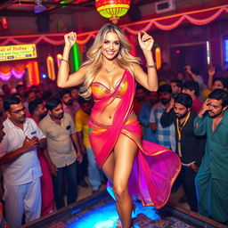 A busty, beautiful fitness American blonde woman dancing confidently on stage, dressed in a colorful transparent saree and a strapless blouse that showcases her big cleavage, sexy navel, and toned legs