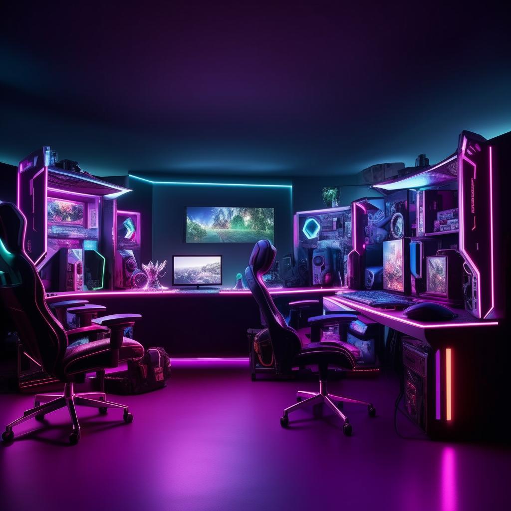 A state-of-the-art gaming room complete with high-end PCs, comfortable gaming chairs, ambiance-enhancing LED lighting, and multiple gaming consoles on a perfectly organized desk