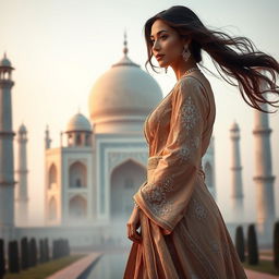 An Arab woman exuding elegance at dawn, standing majestically by the Taj Mahal