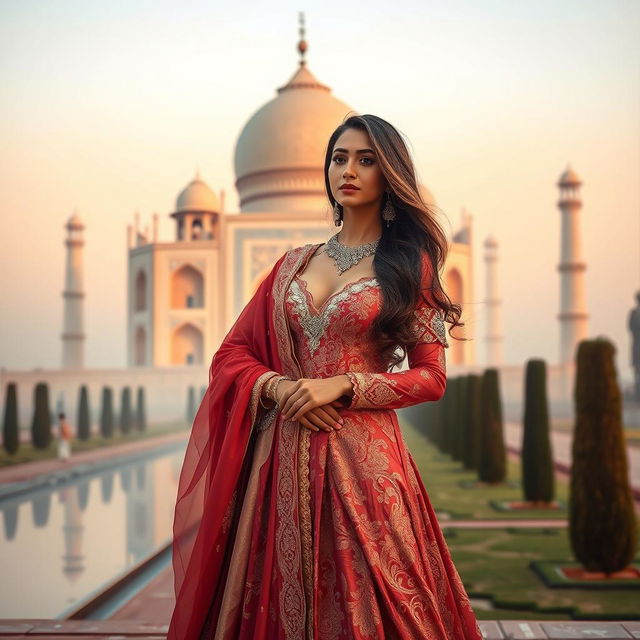 An Arab woman exuding elegance at dawn, standing majestically by the Taj Mahal