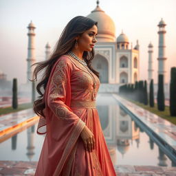 An Arab woman exuding elegance at dawn, standing majestically by the Taj Mahal