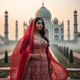 An Arab woman exuding elegance at dawn, standing majestically by the Taj Mahal