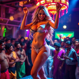 A busty, beautiful fitness American blonde woman dancing confidently on stage in a lively Indian dance bar, showcasing her big cleavage, sexy navel, and toned legs