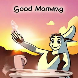 A friendly avatar waving 'Good Morning' with a steaming cup of coffee, against a background of a beautiful sunrise.