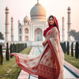 An Arab woman gracefully positioned by the mesmerizing Taj Mahal, showcasing a blend of cultural beauty and architectural splendor