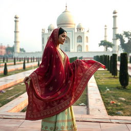 An Arab woman gracefully positioned by the mesmerizing Taj Mahal, showcasing a blend of cultural beauty and architectural splendor