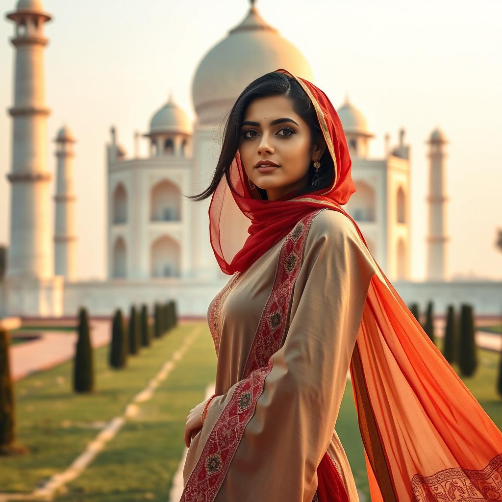 An Arab woman gracefully positioned by the mesmerizing Taj Mahal, showcasing a blend of cultural beauty and architectural splendor