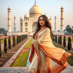 An Arab woman gracefully positioned by the mesmerizing Taj Mahal, showcasing a blend of cultural beauty and architectural splendor
