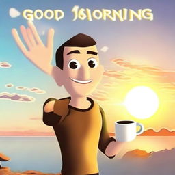 A friendly avatar waving 'Good Morning' with a steaming cup of coffee, against a background of a beautiful sunrise.