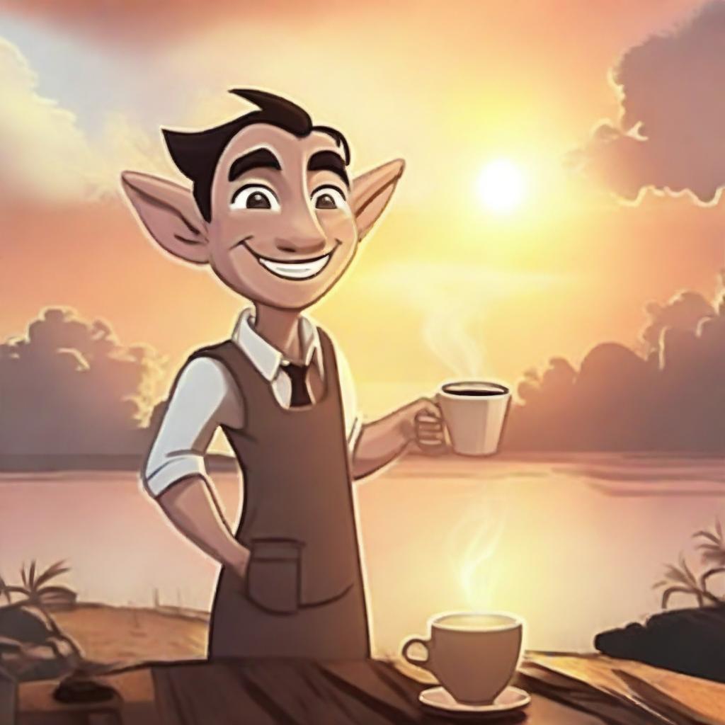 A friendly avatar waving 'Good Morning' with a steaming cup of coffee, against a background of a beautiful sunrise.