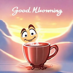 A friendly avatar waving 'Good Morning' with a steaming cup of coffee, against a background of a beautiful sunrise.