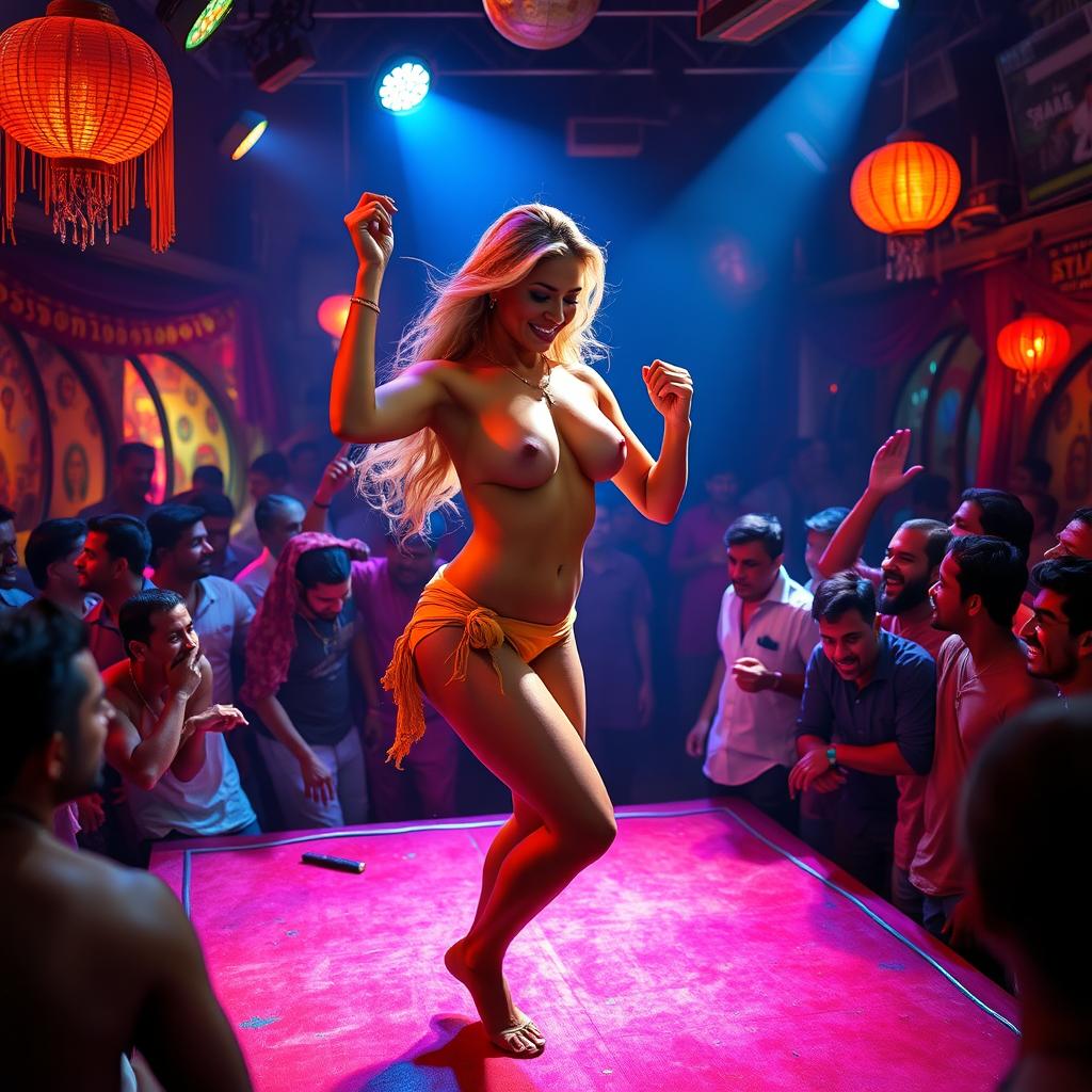 A busty American fitness blonde woman dancing boldly and confidently on stage, completely nude, in a vibrant and lively Indian dance bar