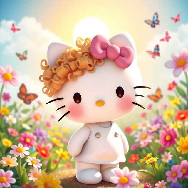 Hello Kitty with light brown curly hair, wearing her classic pink bow and white outfit