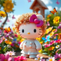 Hello Kitty with light brown curly hair, wearing her classic pink bow and white outfit