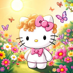 Hello Kitty with light brown curly hair, wearing her classic pink bow and white outfit