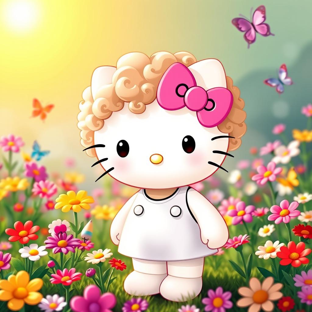 Hello Kitty with light brown curly hair, wearing her classic pink bow and white outfit