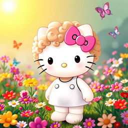 Hello Kitty with light brown curly hair, wearing her classic pink bow and white outfit