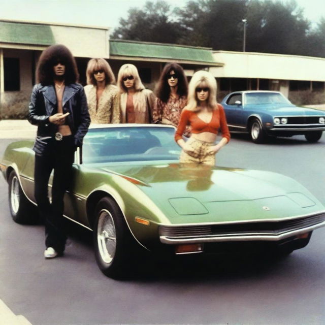 A realistic 1970s rock band album cover with male and female musicians standing in front of a sports car