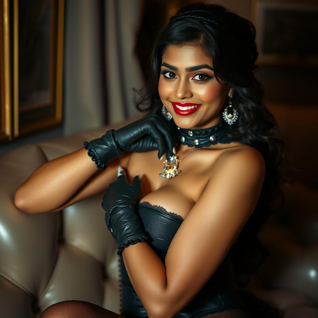 An alluring Indian girl showcasing a stunning outfit featuring latex garter gloves, seamed stockings, and playful accessories, exuding confidence and a sense of whimsy