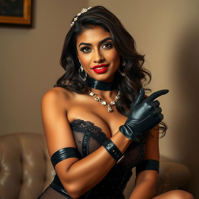 An alluring Indian girl showcasing a stunning outfit featuring latex garter gloves, seamed stockings, and playful accessories, exuding confidence and a sense of whimsy