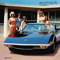 A realistic 1970s rock band album cover with male and female musicians standing in front of a sports car