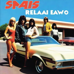 A realistic 1970s rock band album cover with male and female musicians standing in front of a sports car