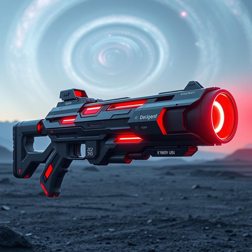 A futuristic sci-fi gun with a modular design, featuring an elongated shape and sharp, angular contours