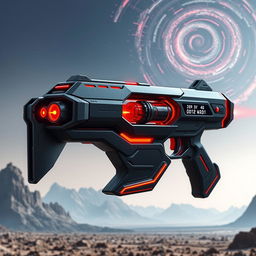 A futuristic sci-fi gun with a modular design, featuring an elongated shape and sharp, angular contours
